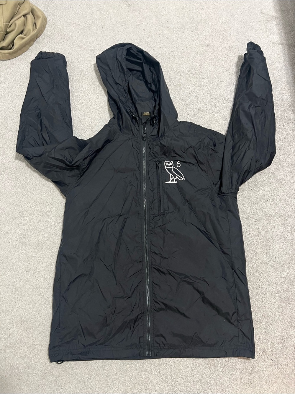 Black Hooded Windbreaker Jacket with Owl Logo